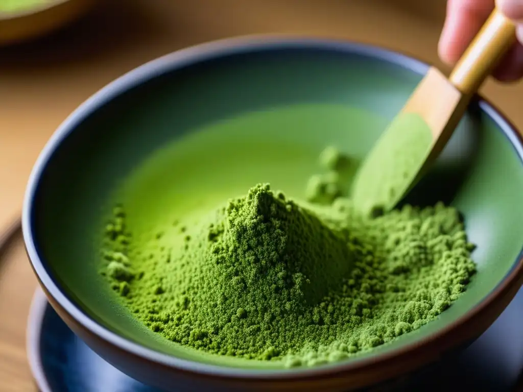 Un momento sereno: té verde matcha cerniéndose en un cuenco japonés, capturando la historia del té verde matcha en cada detalle