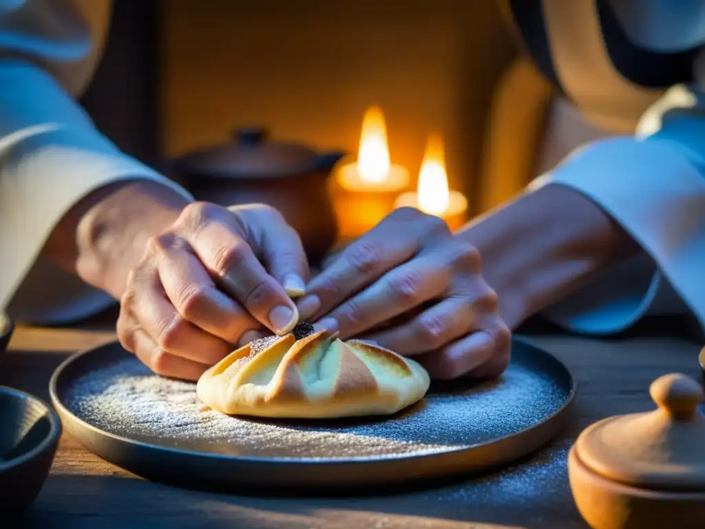 Una monja experta elaborando recetas históricas dulces conventuales en una cocina iluminada por velas