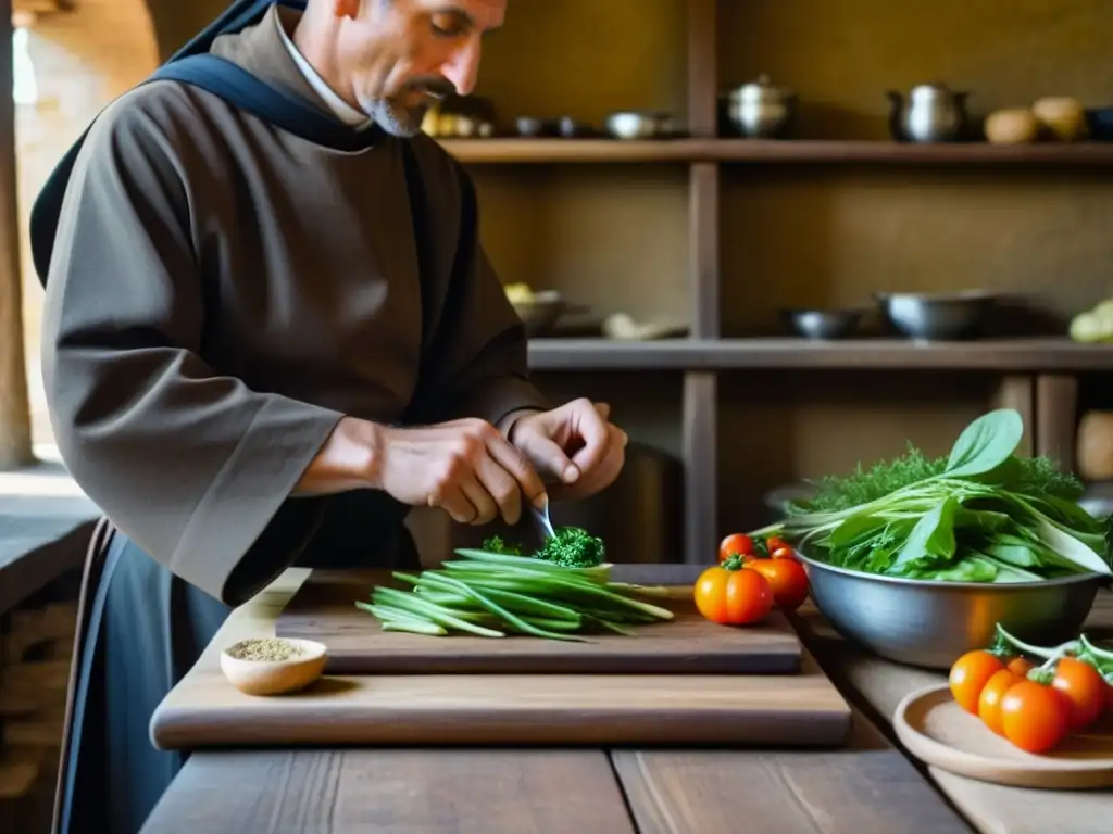 Un monje benedictino preparando alimentos con delicadeza en una cocina medieval