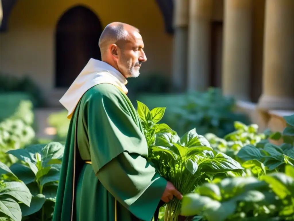 Un monje benedictino cuida con atención una planta de albahaca en un jardín medieval soleado, reflejando la alimentación benedictina en la historia