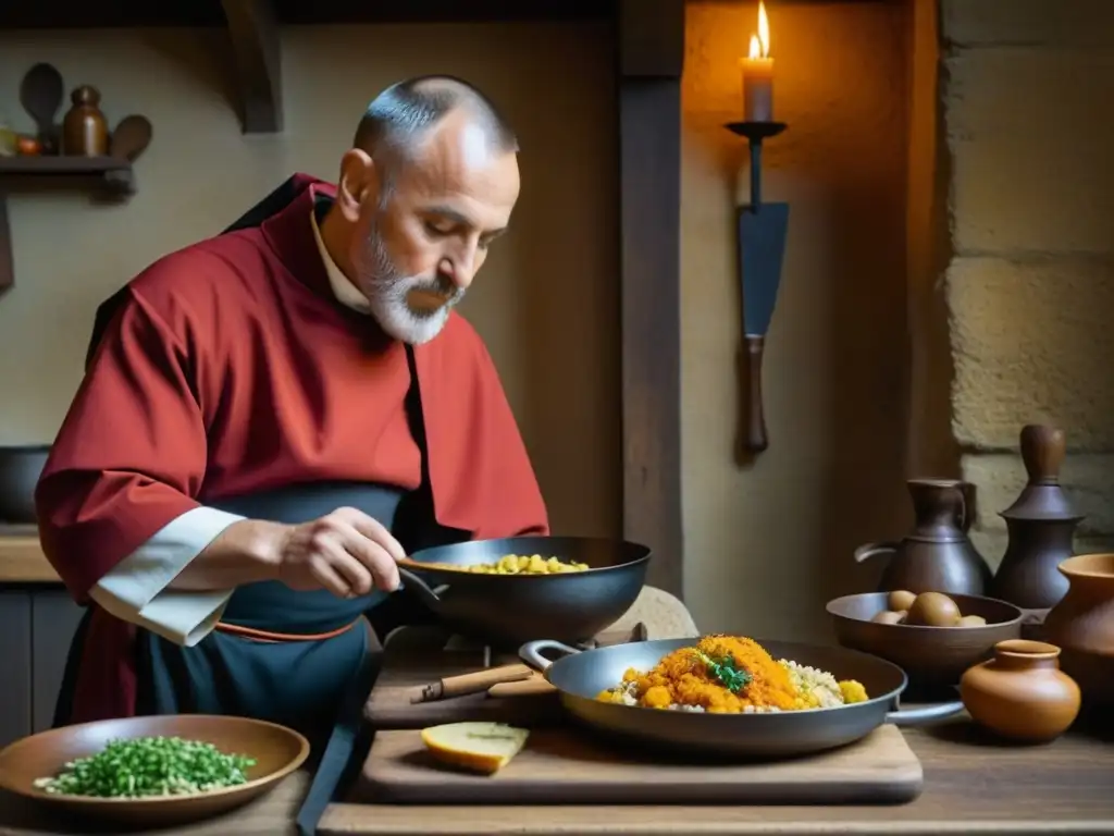 Un monje benedictino prepara con esmero una comida medieval colorida en una cocina rústica