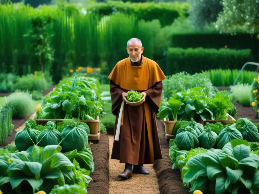 Un monje benedictino cuidando un exuberante jardín medieval, resaltando la conexión con la tierra y la alimentación benedictina en la historia