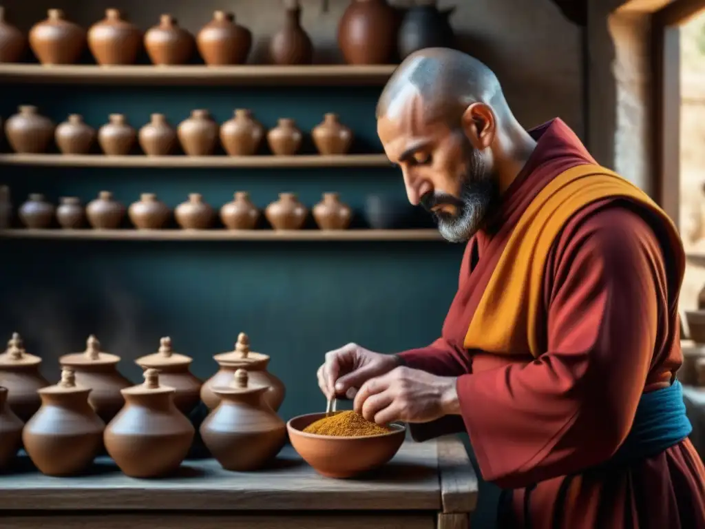 Un monje bizantino preparando recetas históricas con devoción en la cocina del monasterio