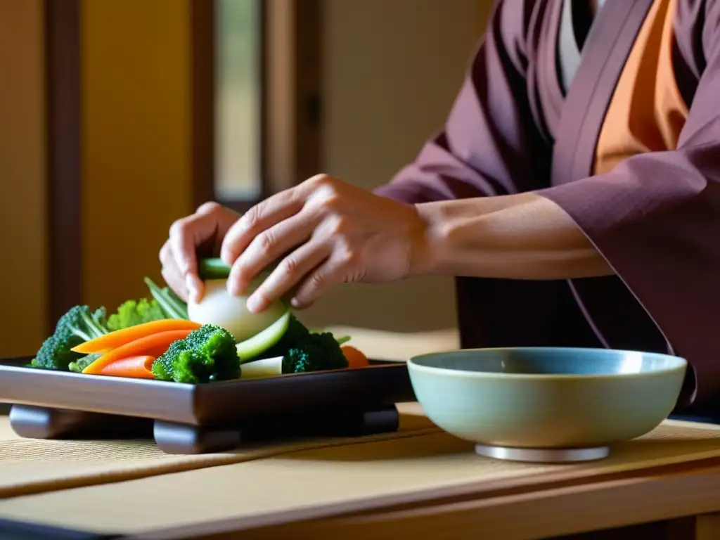 Un monje budista prepara con calma una comida tradicional Shojin Ryori en una cocina zen japonesa