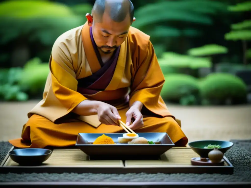 Un monje budista en un jardín zen de Kamakura prepara con calma una elegante comida, mostrando la influencia de la Dieta Zen