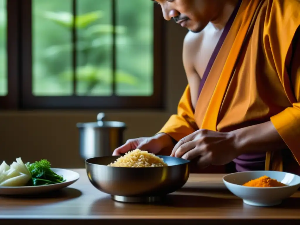 Un monje budista en meditación prepara una comida zen en una cocina minimalista