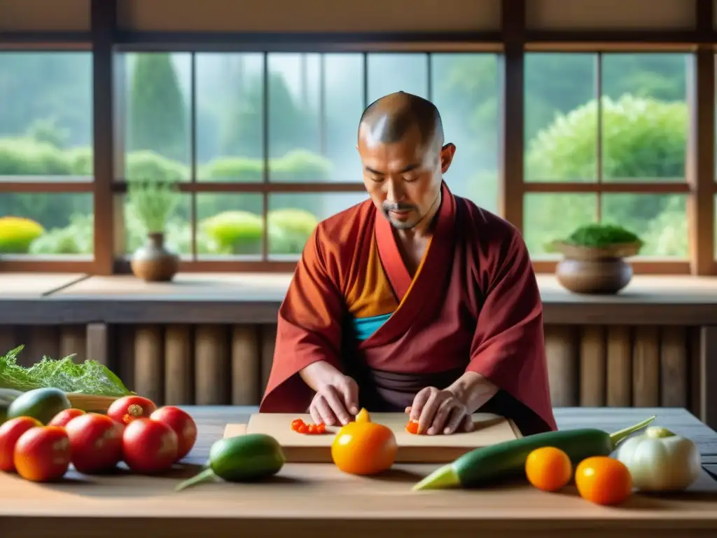 Un monje budista corta vegetales en una cocina japonesa antigua