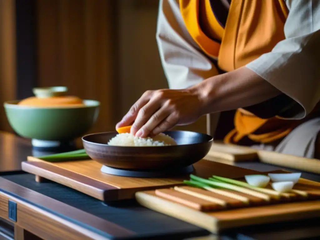 Un monje budista prepara con delicadeza una comida tradicional en una cocina de templo, capturando la esencia de la gastronomía budista de la Era Edo