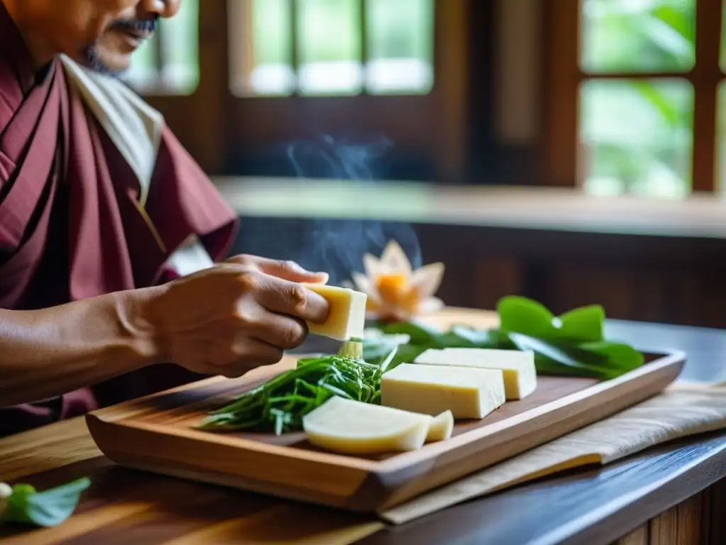 Un monje budista preparando con delicadeza un platillo vegetariano en un antiguo templo, resaltando la gastronomía budista Era Edo