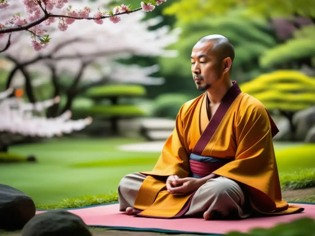 Monje budista meditando en jardín japonés, reflejando el origen vegetarianismo en Japón