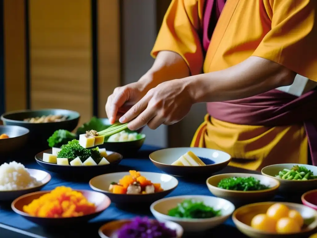 Un monje budista japonés prepara con precisión platos vegetarianos zen en cocina tradicional del templo