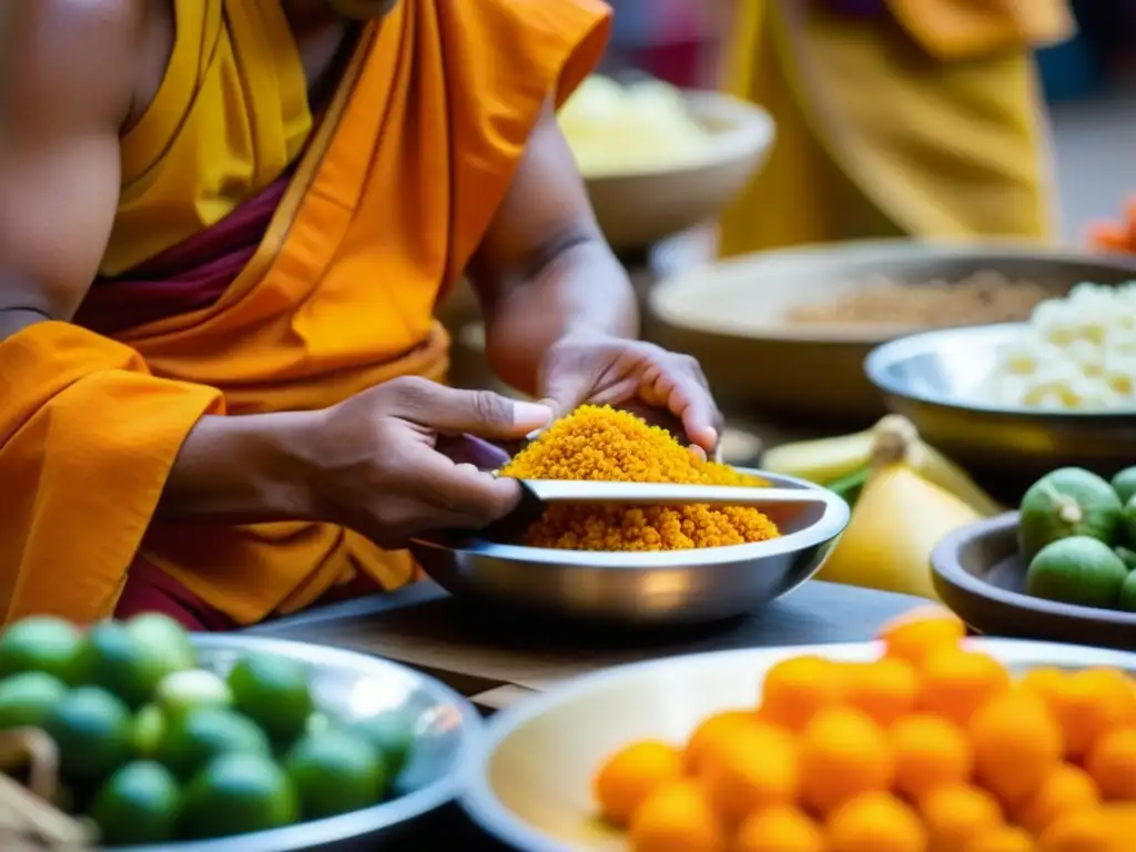 Un monje budista en un mercado IndoChino, preparando ingredientes con influencia culinaria budismo hinduismo IndoChinas