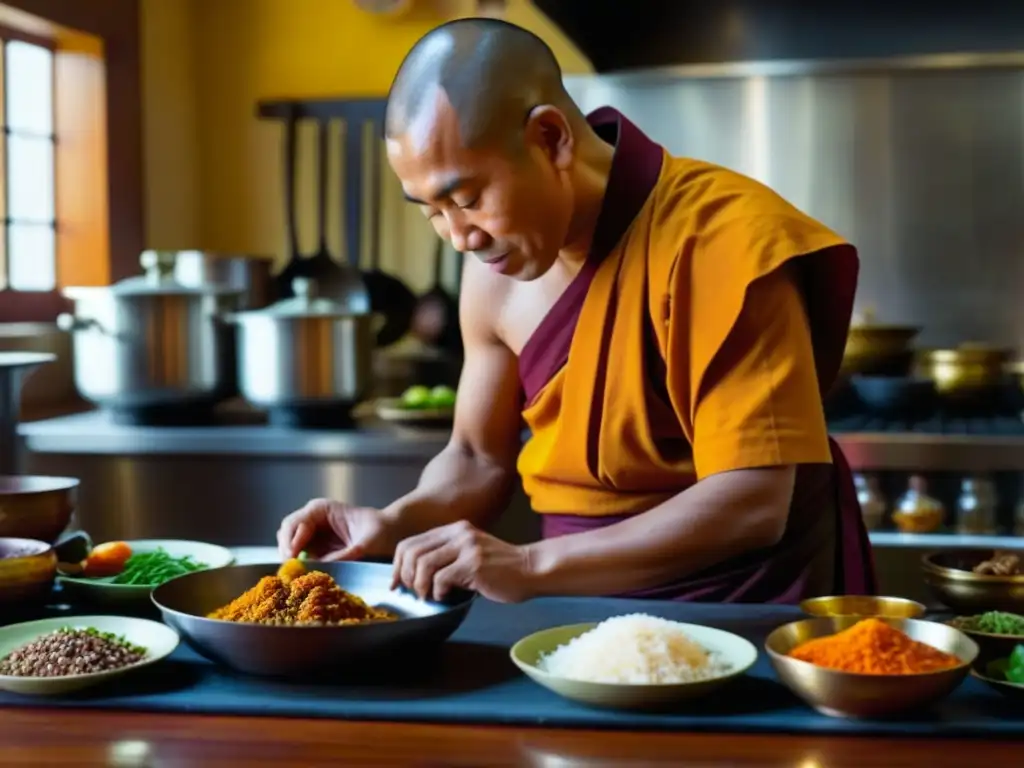 Un monje budista preparando un plato IndoChino en una cocina bulliciosa, reflejando la influencia culinaria budismo hinduismo IndoChinas