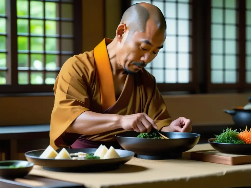 Un monje budista prepara con precisión una comida japonesa en un tranquilo templo de Kamakura, influenciado por la dieta Zen