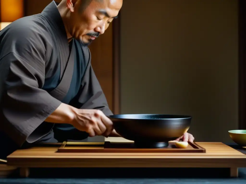 Un monje budista zen prepara con precisión un plato japonés en una cocina minimalista, capturando la esencia de la Cocina Zen en Japón historia