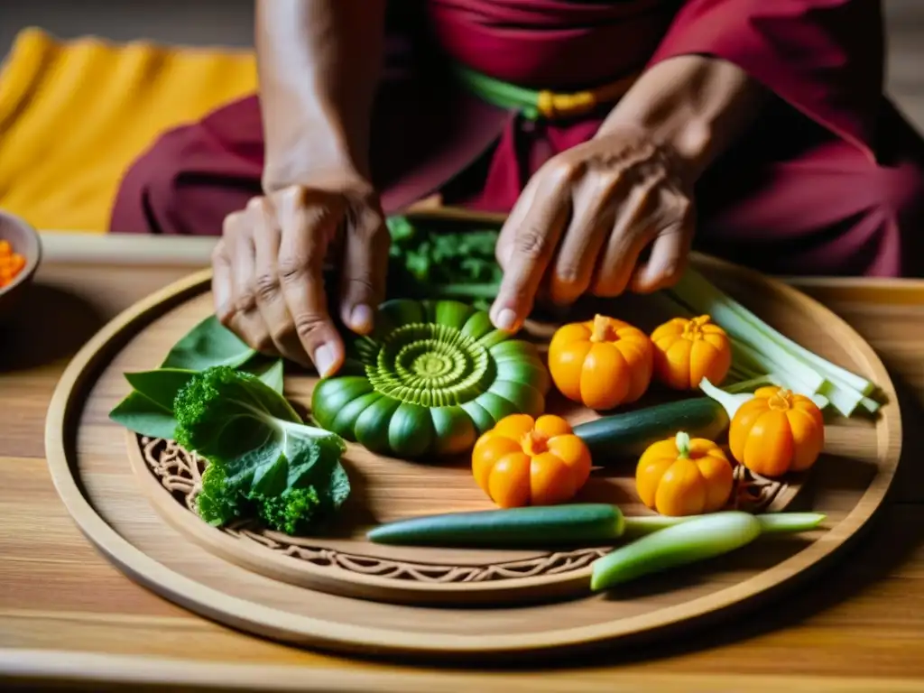 Un monje budista armoniza tallados de verduras en plato de madera, representando la gastronomía budista de la Era Edo