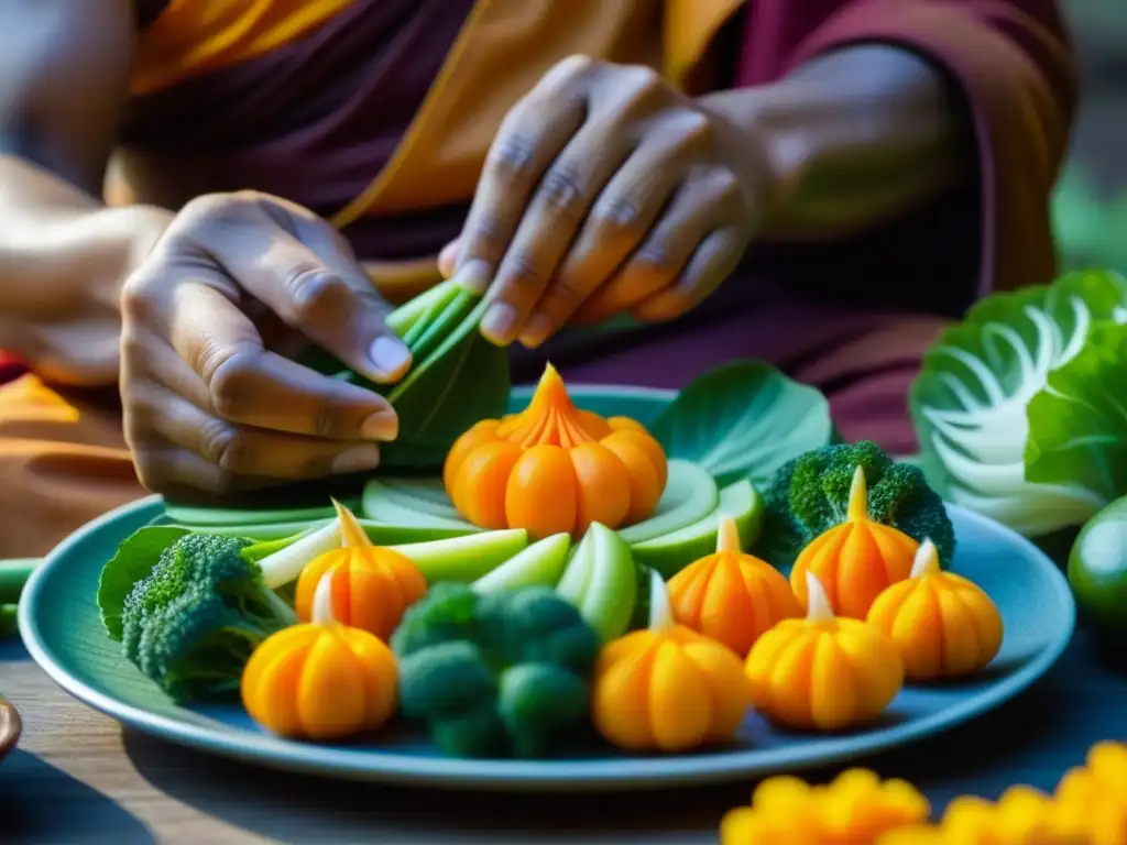 Un monje budista en la era Edo prepara tallados de verduras con serenidad