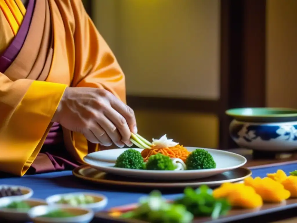 Un monje budista en el tranquilo templo de la Era Edo prepara platos vegetarianos con detalle y serenidad, mostrando la gastronomía budista