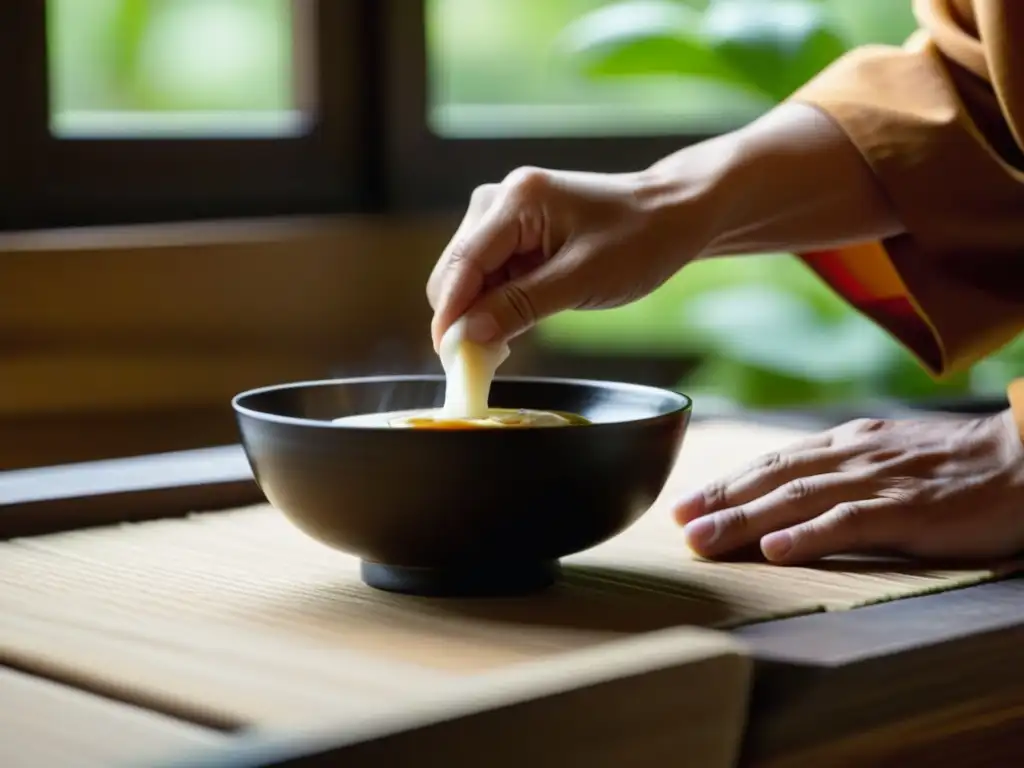 El monje Zen prepara con calma una comida tradicional, mostrando la dieta Zen y su evolución en la historia cultural