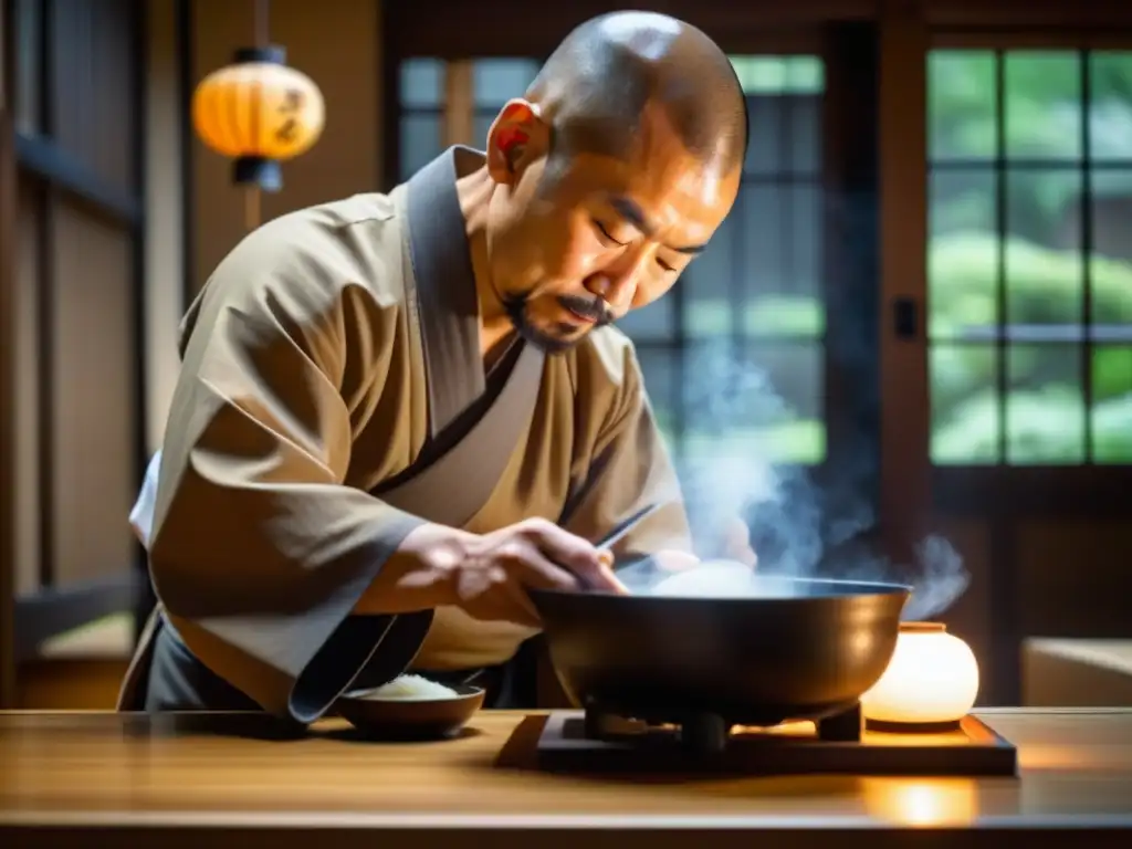 Un monje Zen prepara con delicadeza una comida japonesa en un tranquilo templo, mostrando la cocina Zen en Japón historia