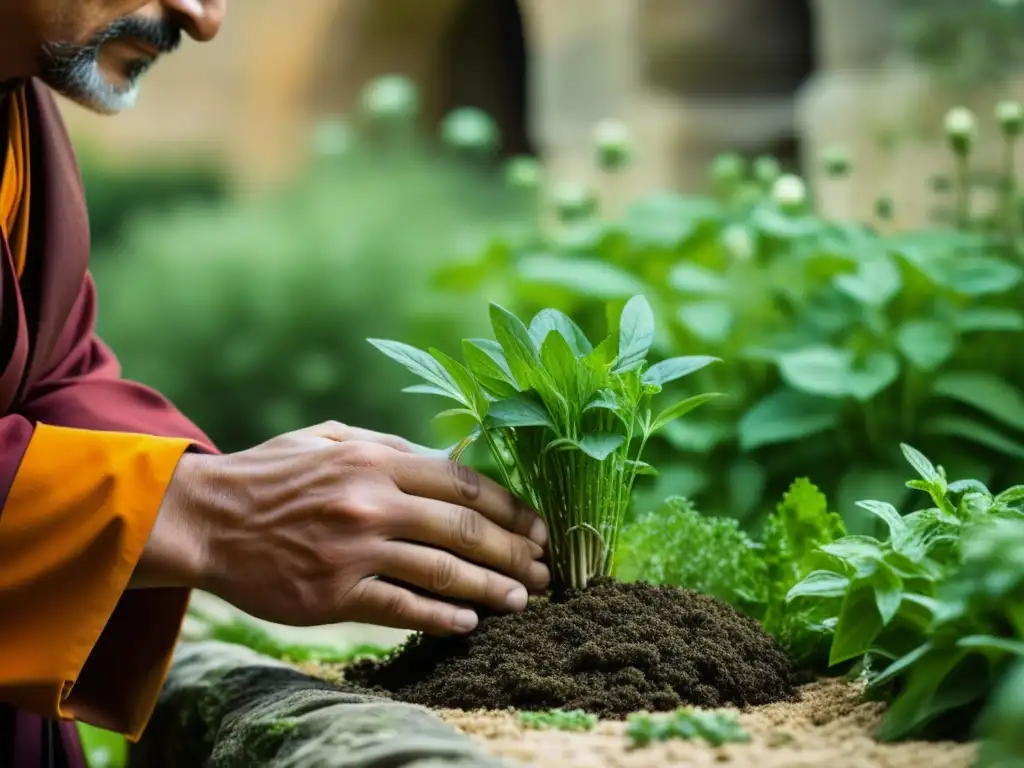 Un monje planta hierbas frescas en un jardín medieval, reflejando la Alimentación benedictina en la historia