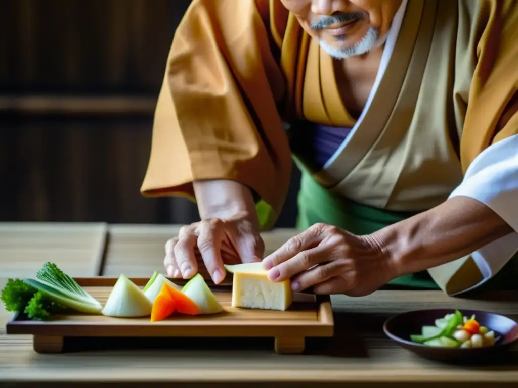 Un monje japonés anciano coloca con serenidad un plato de Cocina Zen en Japón historia en una mesa rústica de madera