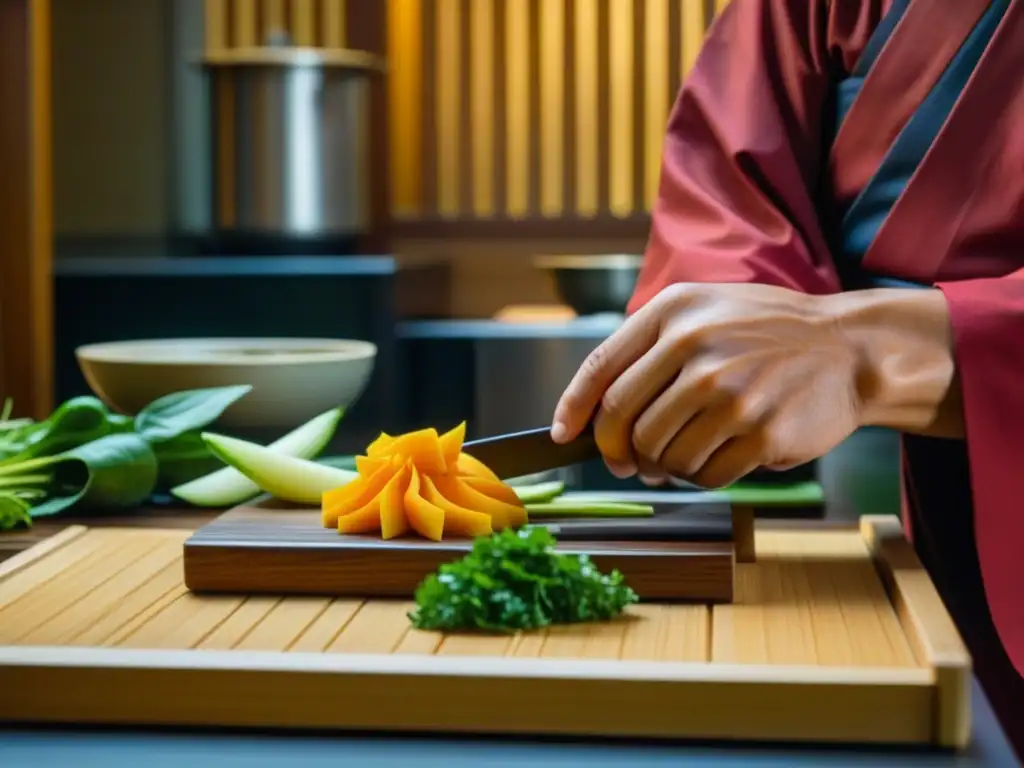 Un monje japonés corta verduras frescas en una cocina tradicional budista, resaltando la armonía entre naturaleza y arte culinario