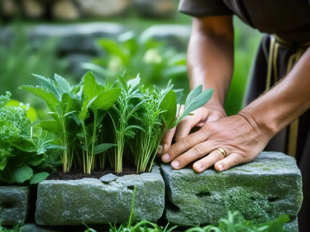 Un monje medieval cuida con esmero un jardín de hierbas, reflejando la sostenibilidad de la dieta monástica medieval