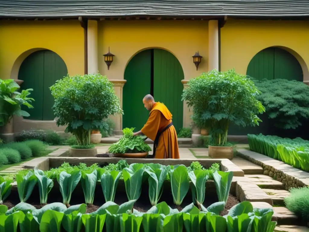 Un monje medieval cuida con esmero un jardín de vegetales en un monasterio, reflejando la vida sostenible de la dieta monástica medieval