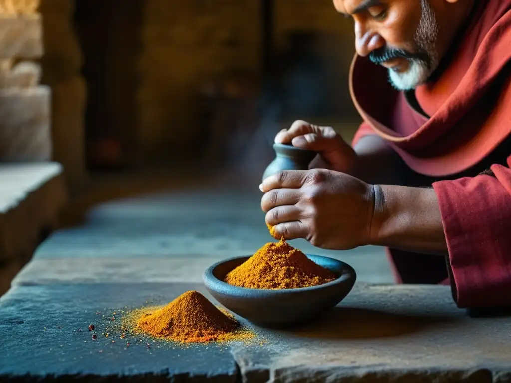 Un monje medieval muele especias con dedicación en la cocina de un monasterio, reflejando la vida monástica y la riqueza de sabores