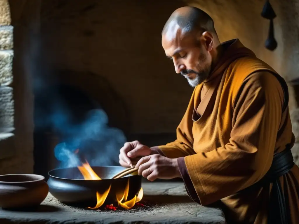 Un monje medieval sazona un guiso en la cocina de un monasterio, destacando la vida monástica y la cocina medieval