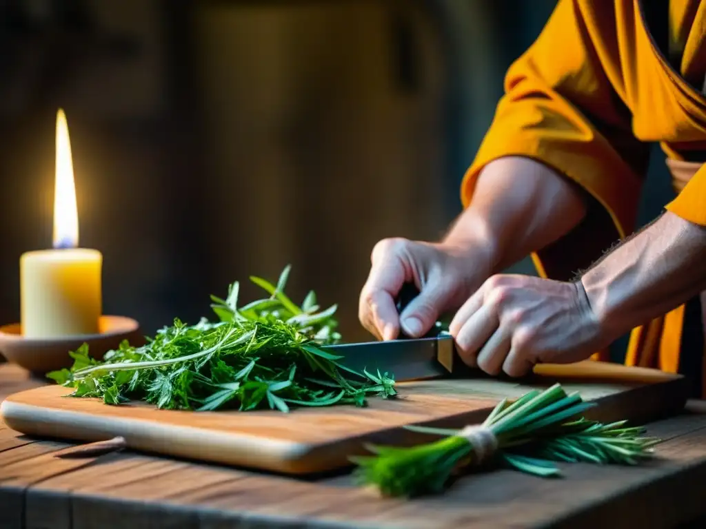 Monje medieval cortando hierbas frescas en cocina de monasterio, evocando vida sostenible y dieta monástica