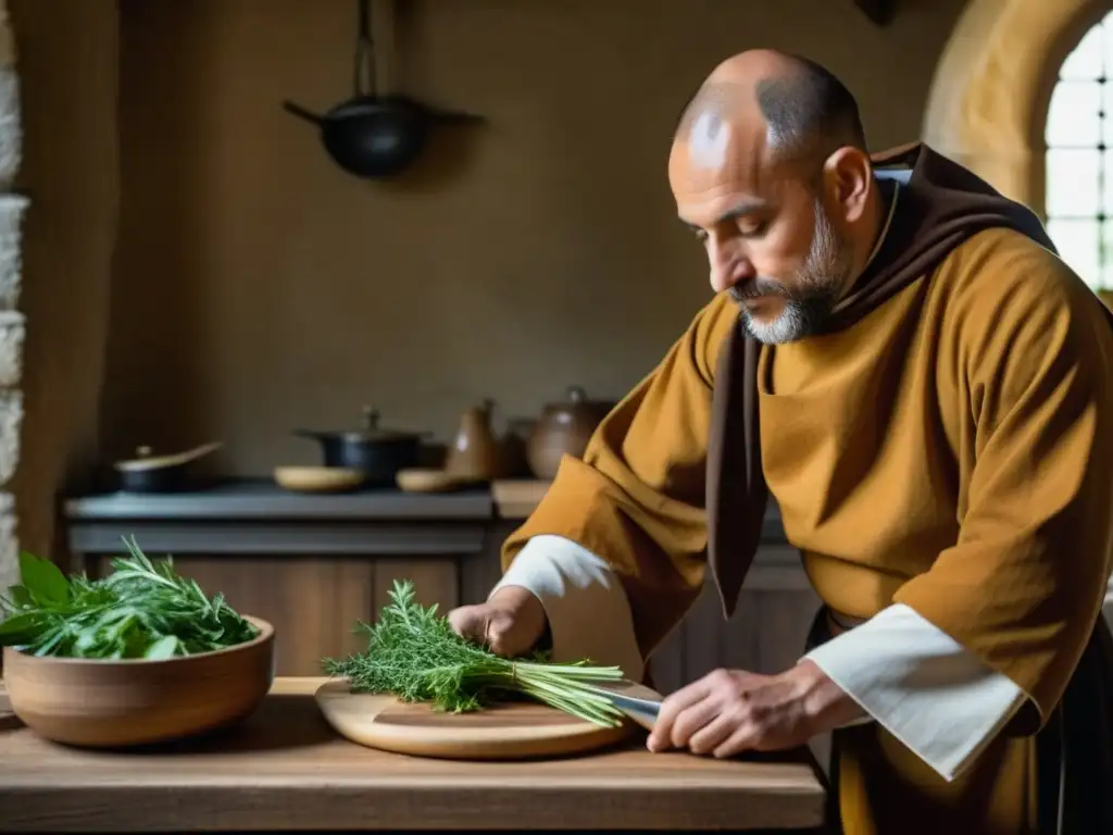 Monje medieval preparando receta francesa en cocina monástica Un monje medieval preparando una receta francesa en una cocina de monasterio