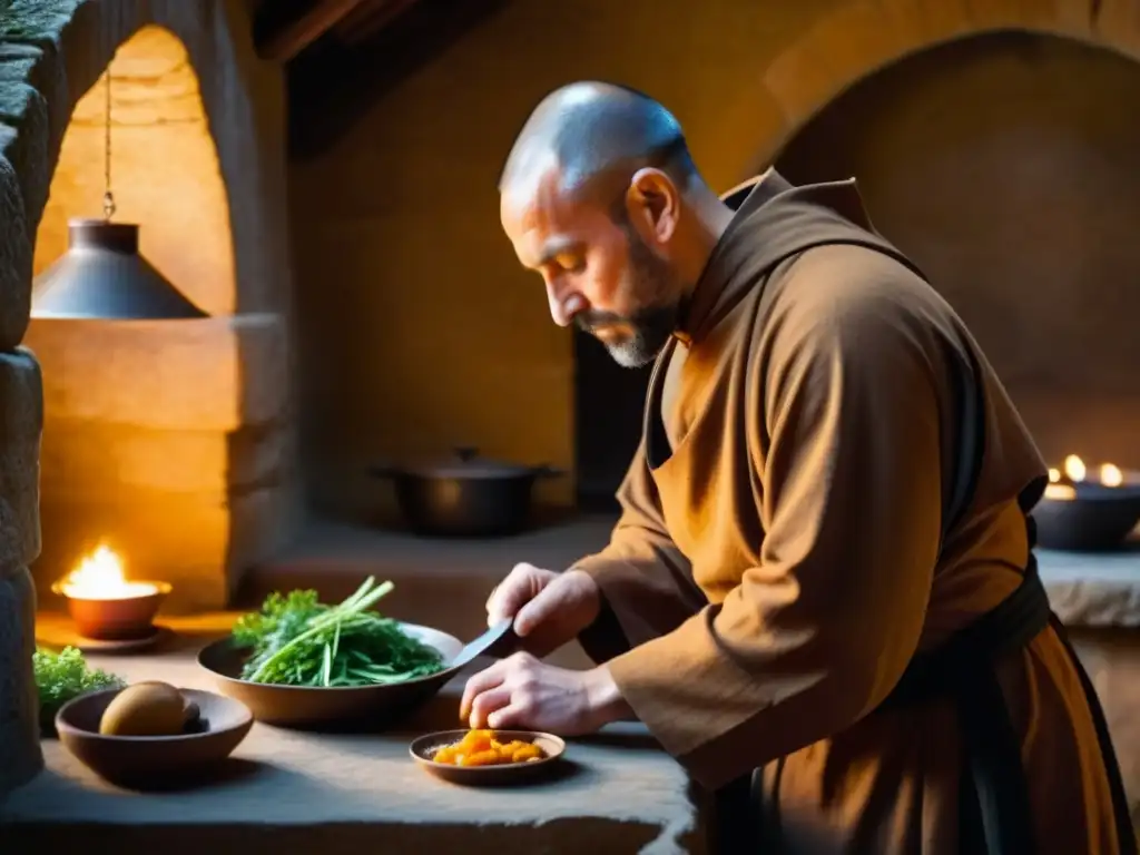 Un monje medieval preparando una receta tradicional en una cocina monástica, iluminada por velas