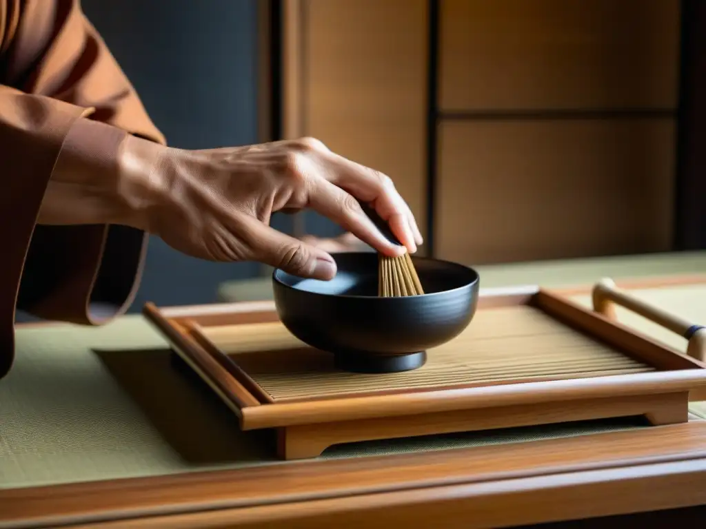 Un monje Zen en Japón preparando con precisión utensilios para la ceremonia del té, en un ambiente tranquilo y sereno