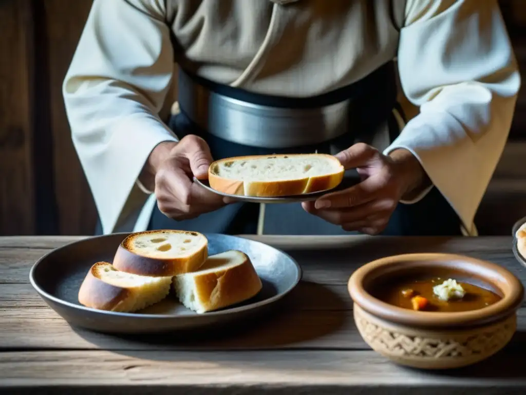 Un monje templario colocando pan en plato de metal junto a un cuenco de estofado, resaltando la sencillez y humildad de una típica comida templaria