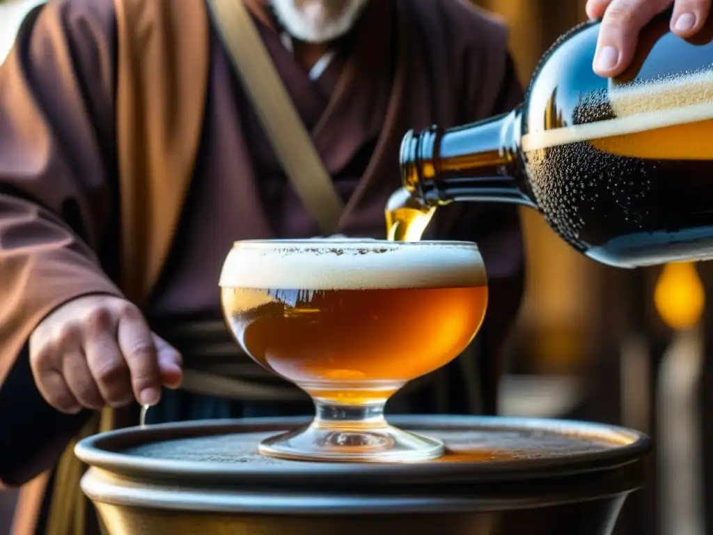 Un monje trapense vierte con cuidado una cerveza caramelo en una copa ornamentada, evocando la tradición de las recetas históricas cervezas trapenses