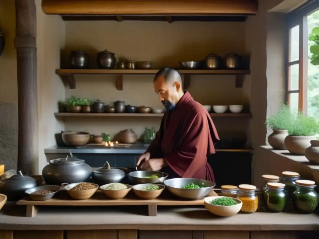 Monjes samuráis cocinan platos vegetarianos con atención meticulosa en una cocina monástica serena