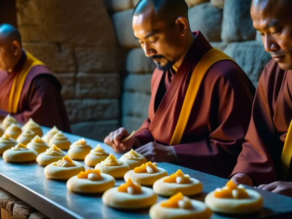 Monjes artesanos preparando pastelería en monasterio ancestral Monjes en túnicas preparan recetas históricas en cocina monasterio, evocando arte culinario