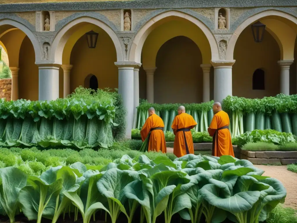 Monjes cultivando vegetales en jardín monástico, reflejando la historia de la dieta monástica vegetariana