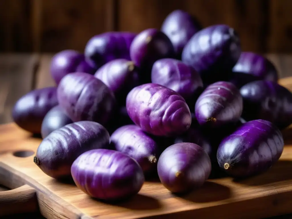 Montón de papas moradas peruanas en mesa rústica, destacando sus formas y texturas únicas