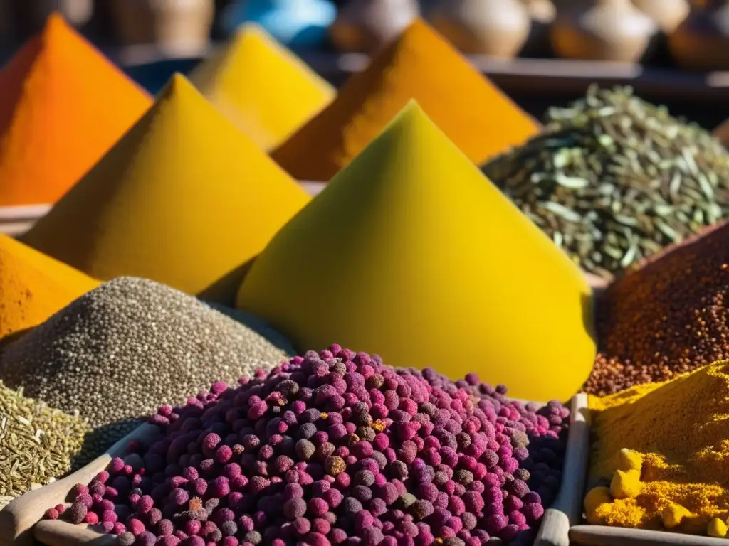 Montones de especias coloridas en un mercado vibrante de la antigua Ruta de la Seda, resaltando texturas e iluminación natural