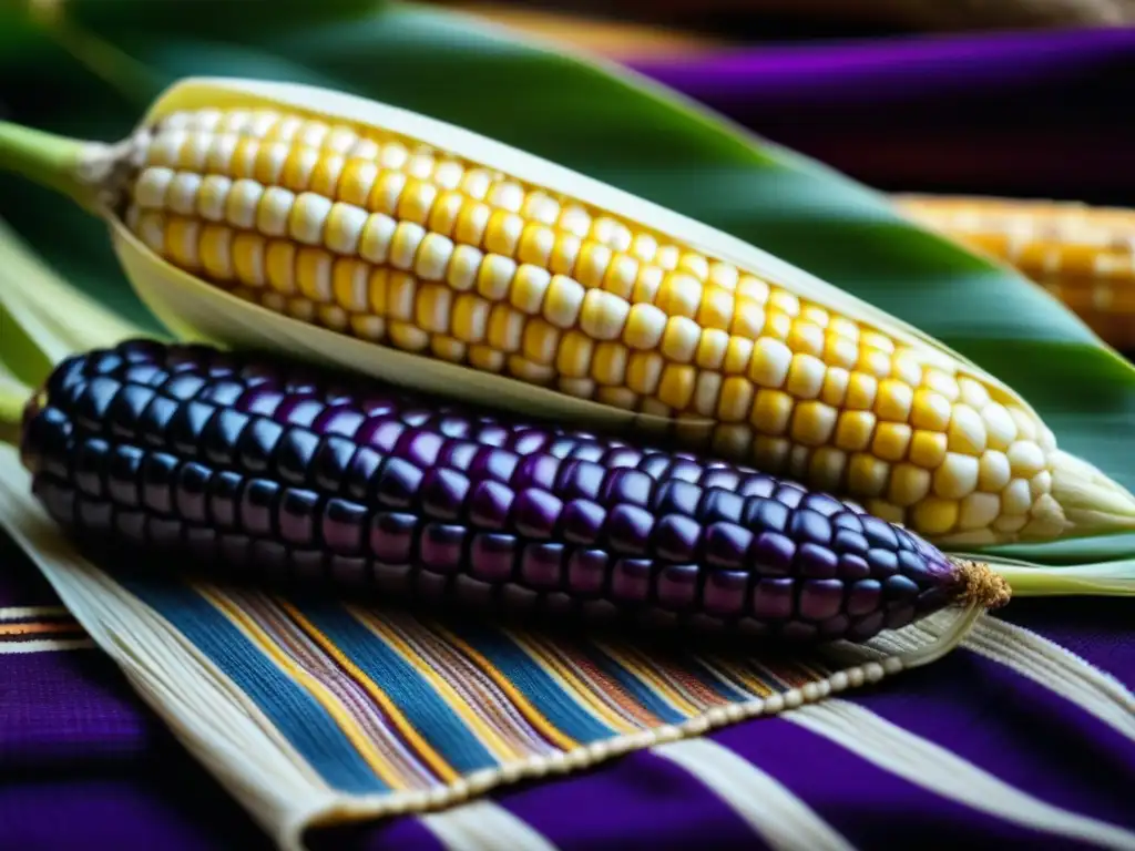 Maíz morado peruano parcialmente desgranado sobre textil andino, destacando la dieta Inca beneficios nutricionales