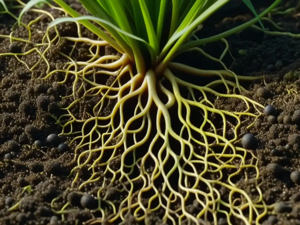 Un mosaico de raíces orgánicas entrelazadas en tierra fértil, con gotas de agua brillantes