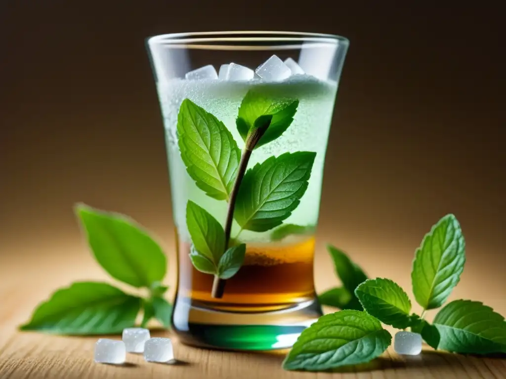 El muddler de madera presiona hojas de menta y azúcar en un vaso alto, capturando la esencia del mojito con raíces caribeñas