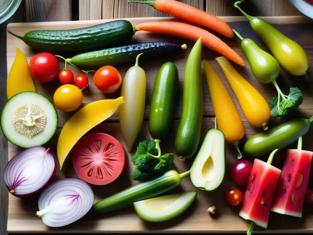 Una muestra colorida y diversa de encurtidos sobre tabla rústica, resaltando la historia, culturas y épocas de esta tradición culinaria