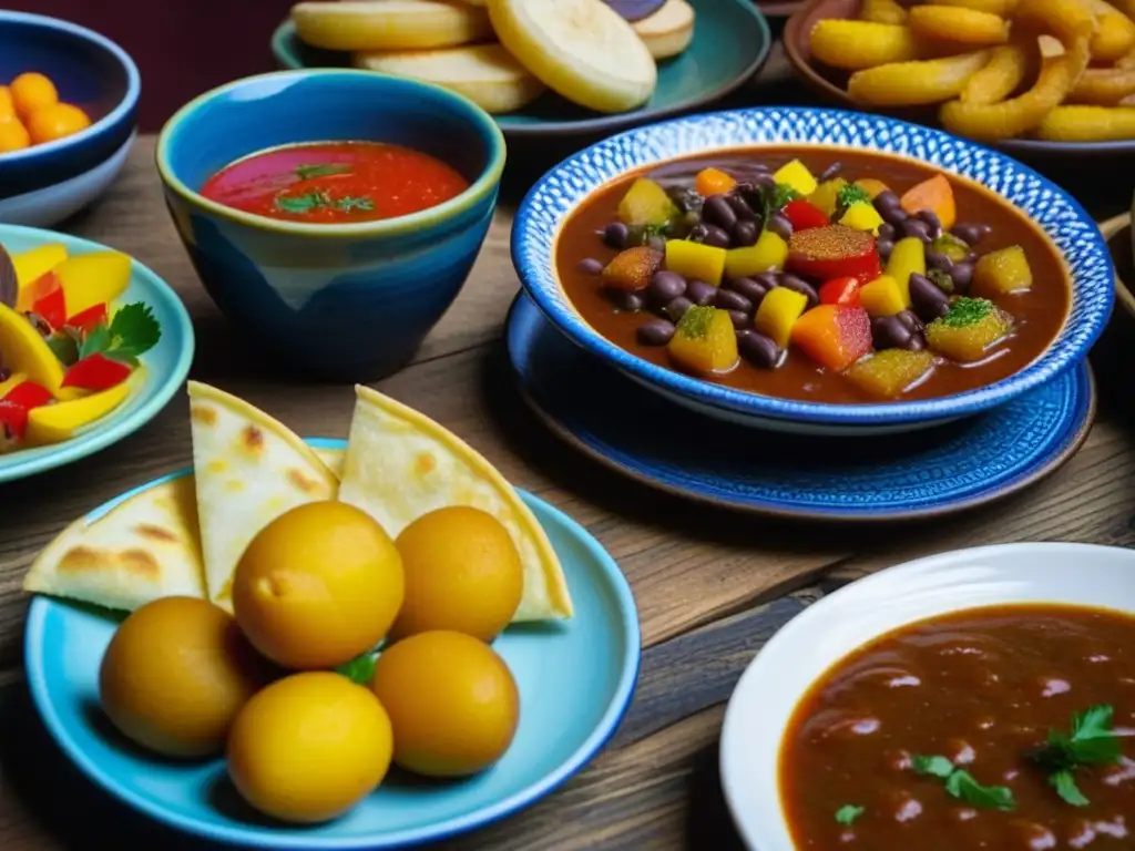 Una muestra colorida de platos tradicionales españoles como paella, gazpacho, tortilla de patatas y churros con chocolate en platos de cerámica rústica, reflejando la rica herencia cultural de la Dieta española post Guerra Civil