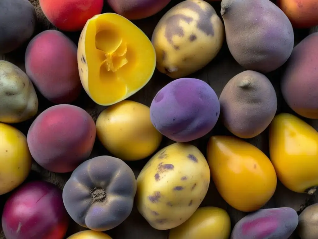 Una muestra colorida de variedades de papas antiguas, resaltando formas, tamaños y colores únicos