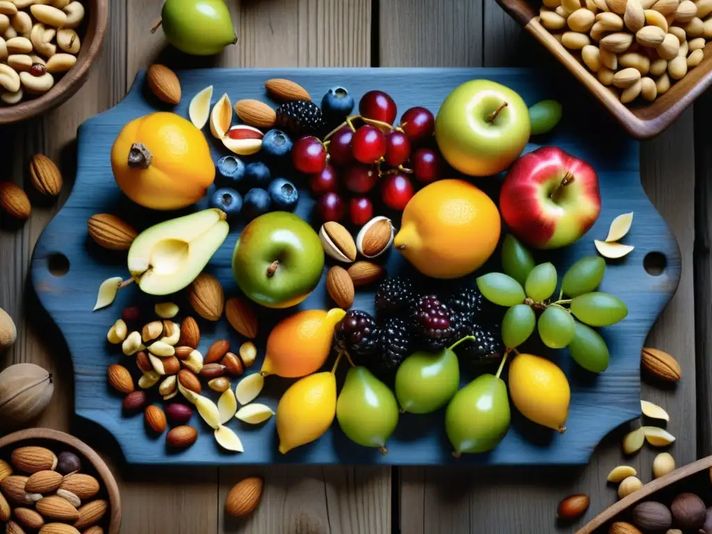 Deliciosos alimentos vikingos: frutas y nueces en detalle Una muestra detallada de frutas y nueces frescas sobre mesa de madera rústica, evocando la dieta vikinga