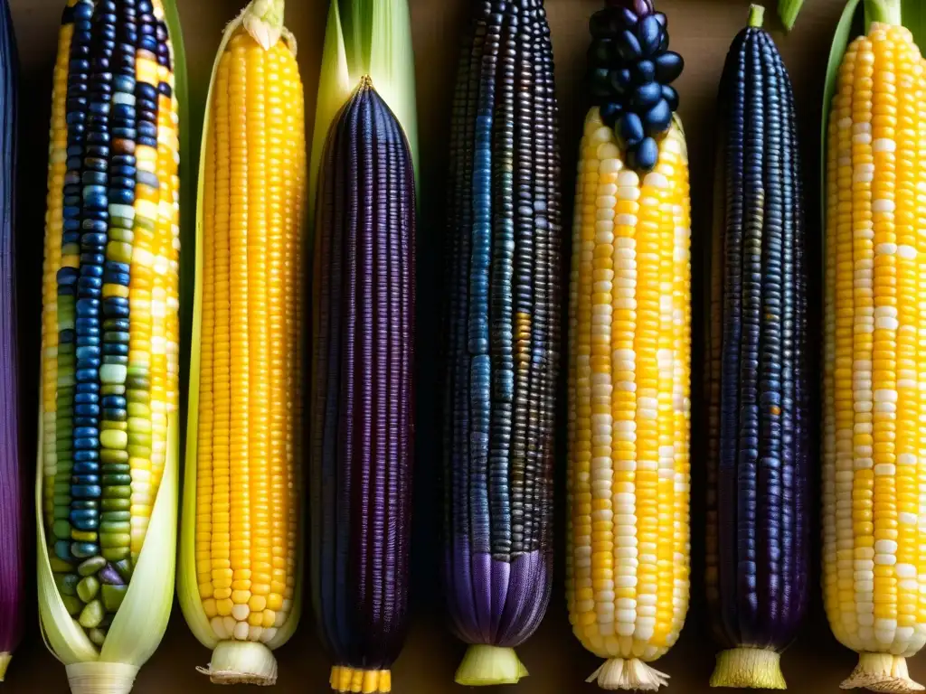 Una muestra detallada de variedades de maíz ancestral en tonos de púrpura, amarillo y azul, resaltando la biodiversidad y sostenibilidad en la cocina azteca